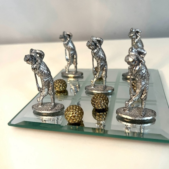 Glass and Pewter Metal Golfing Figured Home Decor Accents Vintage Tic Tac Toe - Picture 3 of 4